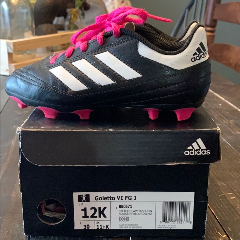 adidas Kids Black and White Soccer Cleats with Pink Accents